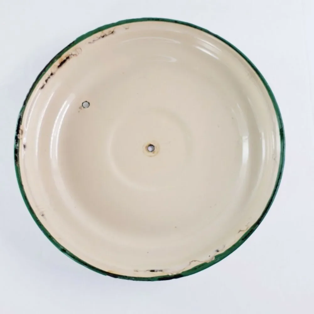 Vtg Cream & Green Enamel Sauce Pan Stock Pot w/ Lid Primitive Camping Rustic